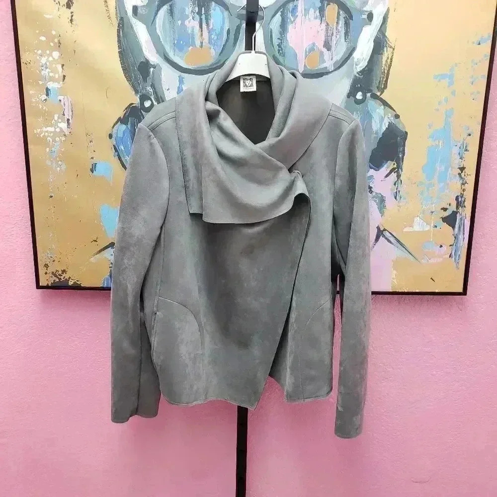 Anne Klein Grey Large Collar Faux Suede Jacket